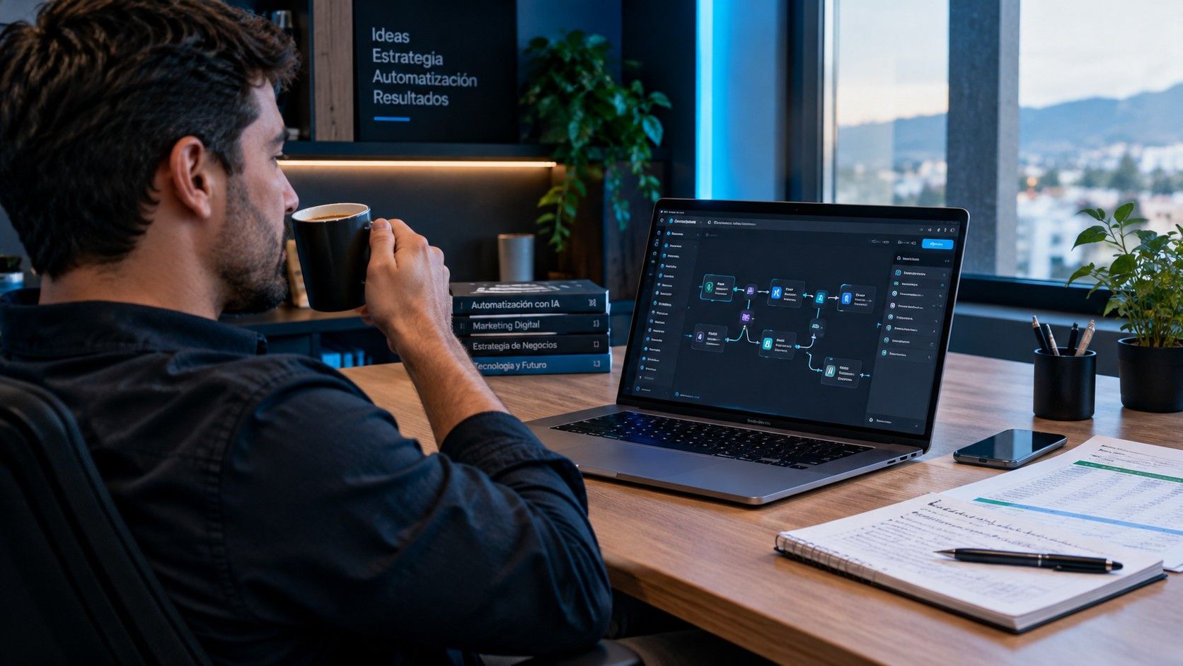 Empresario toma café mientras un flujo de automatización con IA trabaja solo en su computador