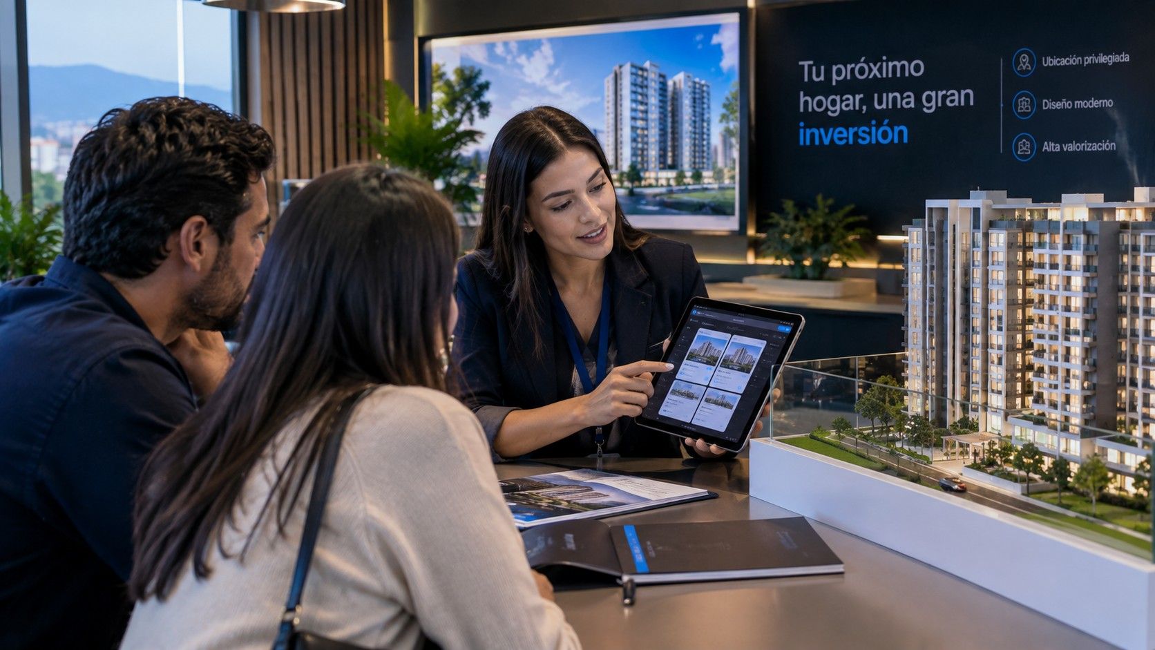 Asesora de una constructora muestra a una pareja los proyectos disponibles en el CRM de la sala de ventas