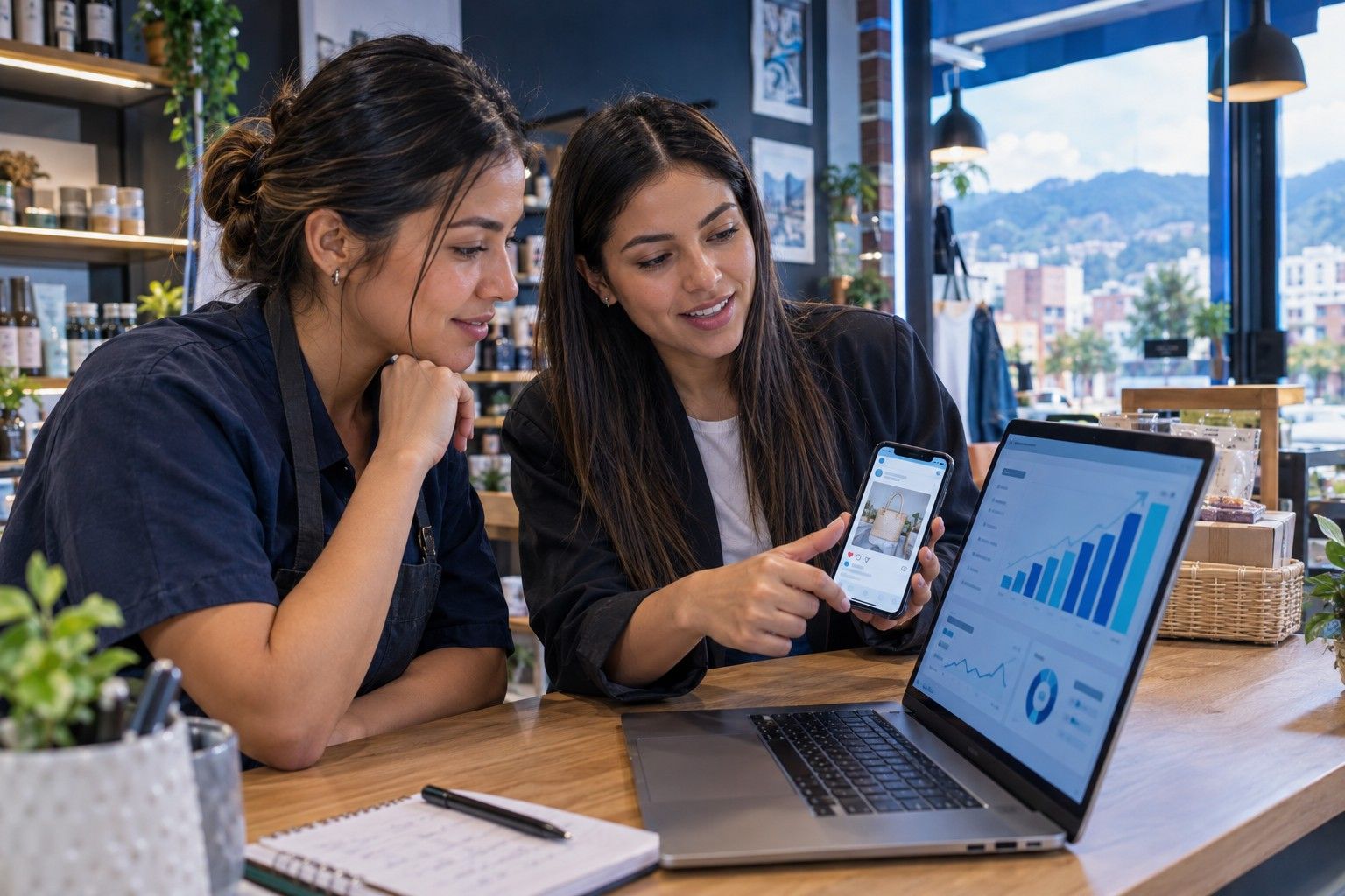 Dueña de una tienda revisa con su asesora los resultados de sus campañas de marketing digital
