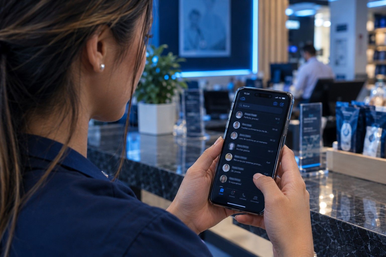 Dueña de un negocio revisa en su celular los mensajes de clientes que la encontraron en Google